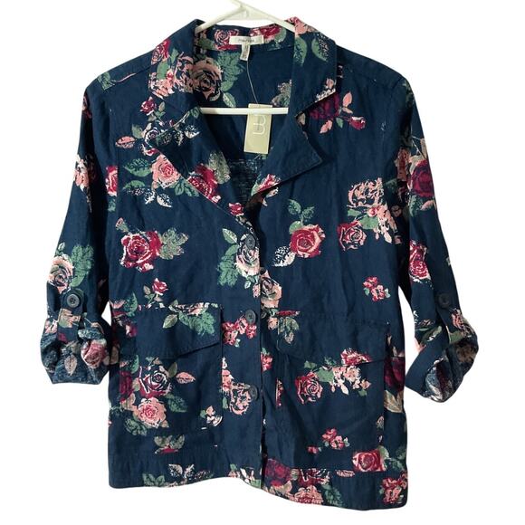 NWT XS Maurice's Linen Blend Jacket Top Shacket Blue Rose Floral Casual Office - Picture 5 of 7